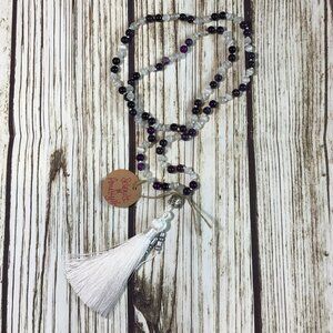 Selenite and Amethyst Gemstone Bead Handmade Beaded Mala Necklace